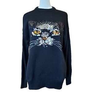 Forever 21 Black Sequined Cat Sweater Women's Size S Embellished Novelty Kitty